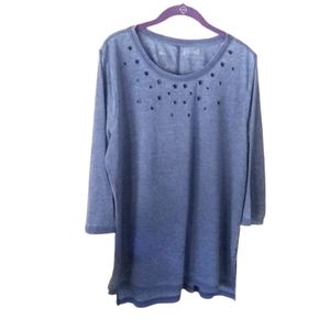 Heathered Top Blue Cotton Blend Grommet Neck-line 3/4 Sleeves
